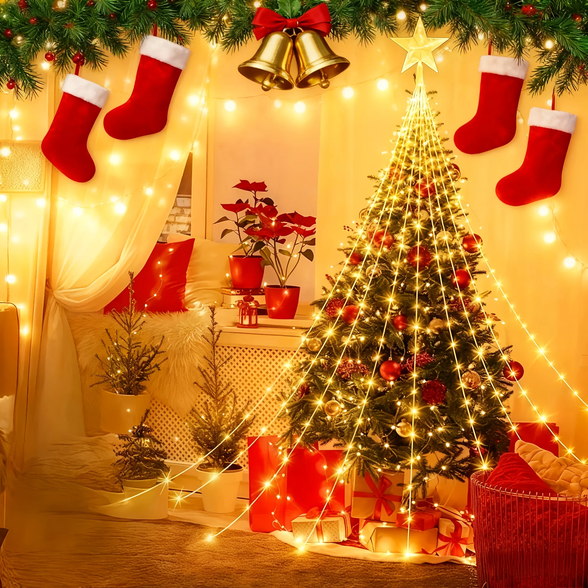 LEDChristmas Star Waterfall Lights,USB Powered,8Lighting Modes with Remote|Perfect for Indoor/Outdoor Christmas,Party&Home Decor