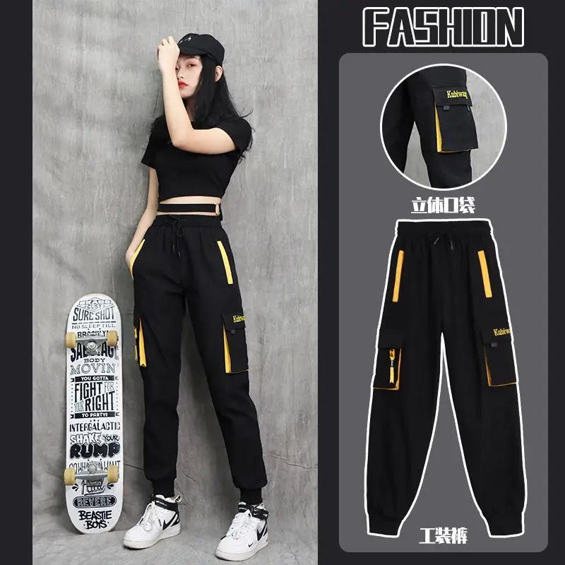 

Women's Spring and Autumn High Waist Ankle-Tied Hip Hop Overalls Loose Slimming Student Ins Trendy Cargo Pants Sweatpants Women