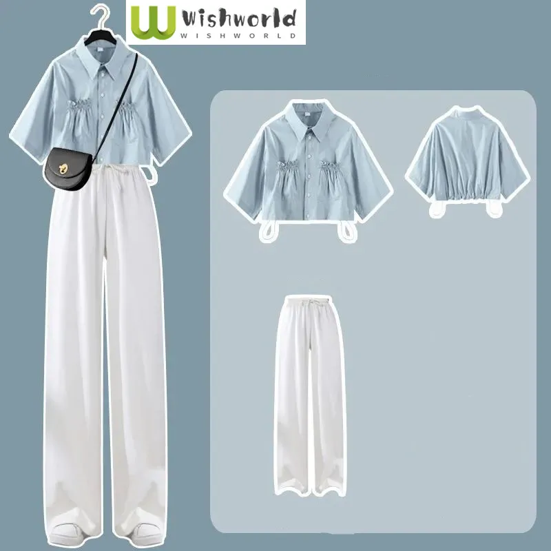 Pocket Decoration Pleated Chiffon Shirt Wide Leg Pants 2pcs Set Elegant Women's Pants Set Summer Casual Outfits Student Clothing