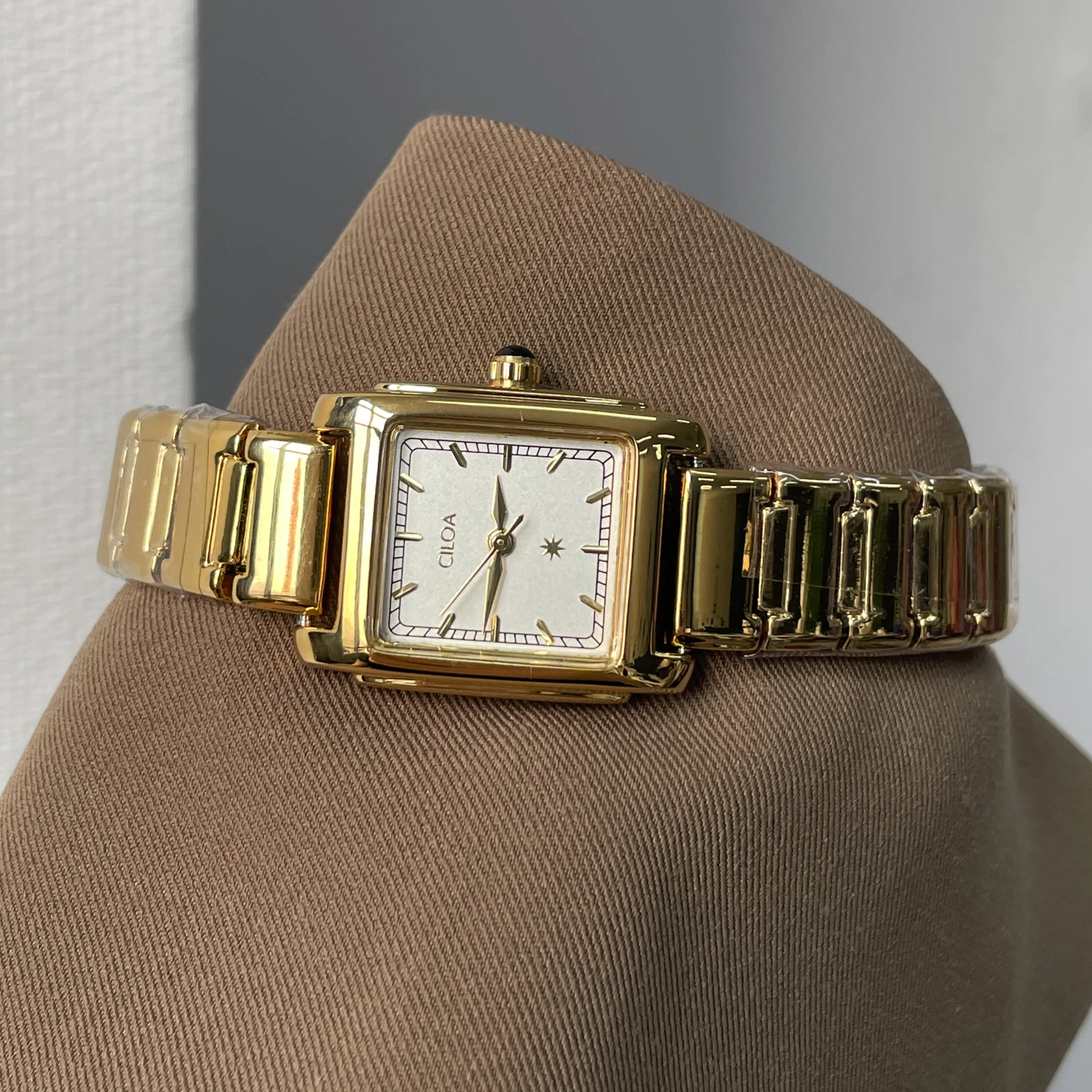 CILOA-Women Gold Square Watch, Sunburst White Dial Stainless Steel Band Quartz Wristwatch-745