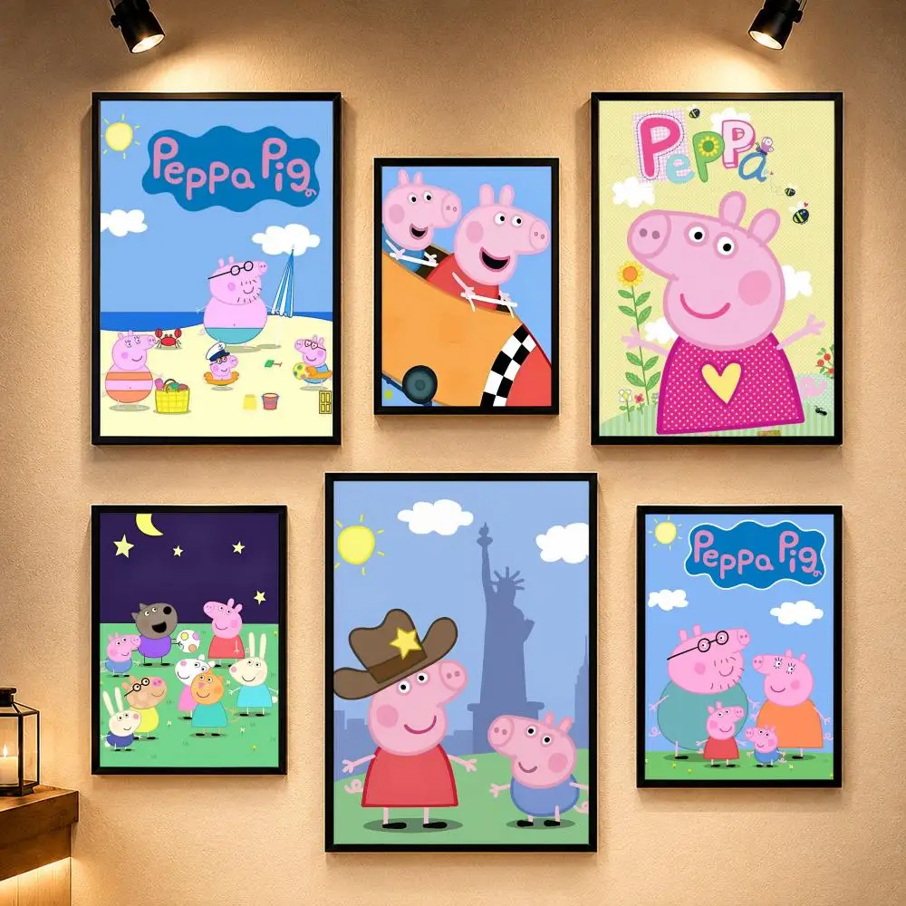 Kids Cartoon P-Peppa PigS Poster Vintage Retro Anime Poster Stickers Peel and Stick Wall Art Home Decor