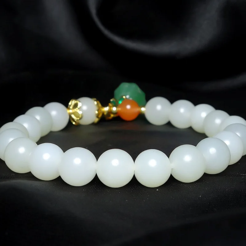 

Natural Hetian White Jade Round Bracelet 8Mm Women'S Single Circle South Red Beads With Certificate