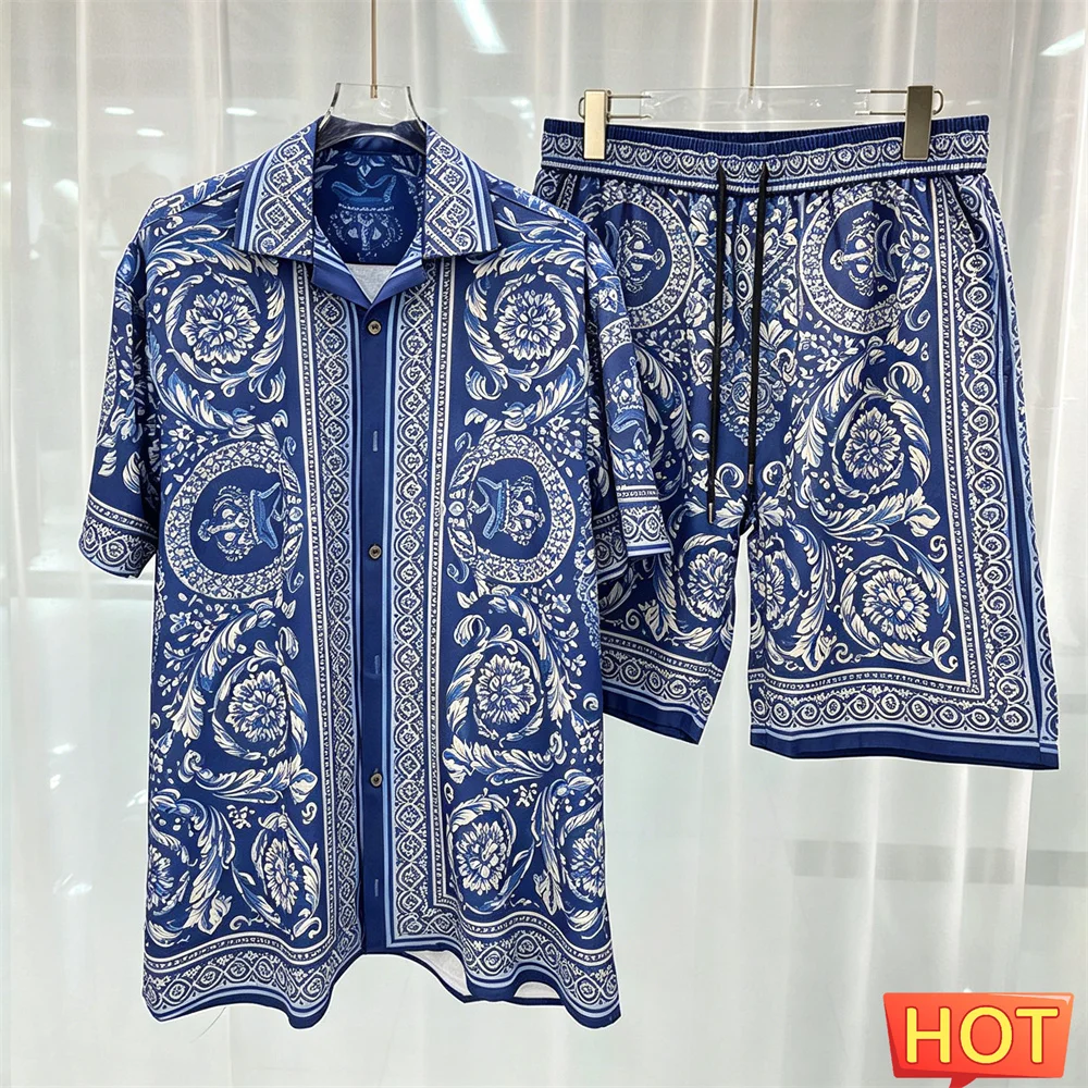 Summer Men's Shirt Set Striped Crown Pattern Luxury two-piece shirt set Casual home high-end button up shirts pants Men clothing