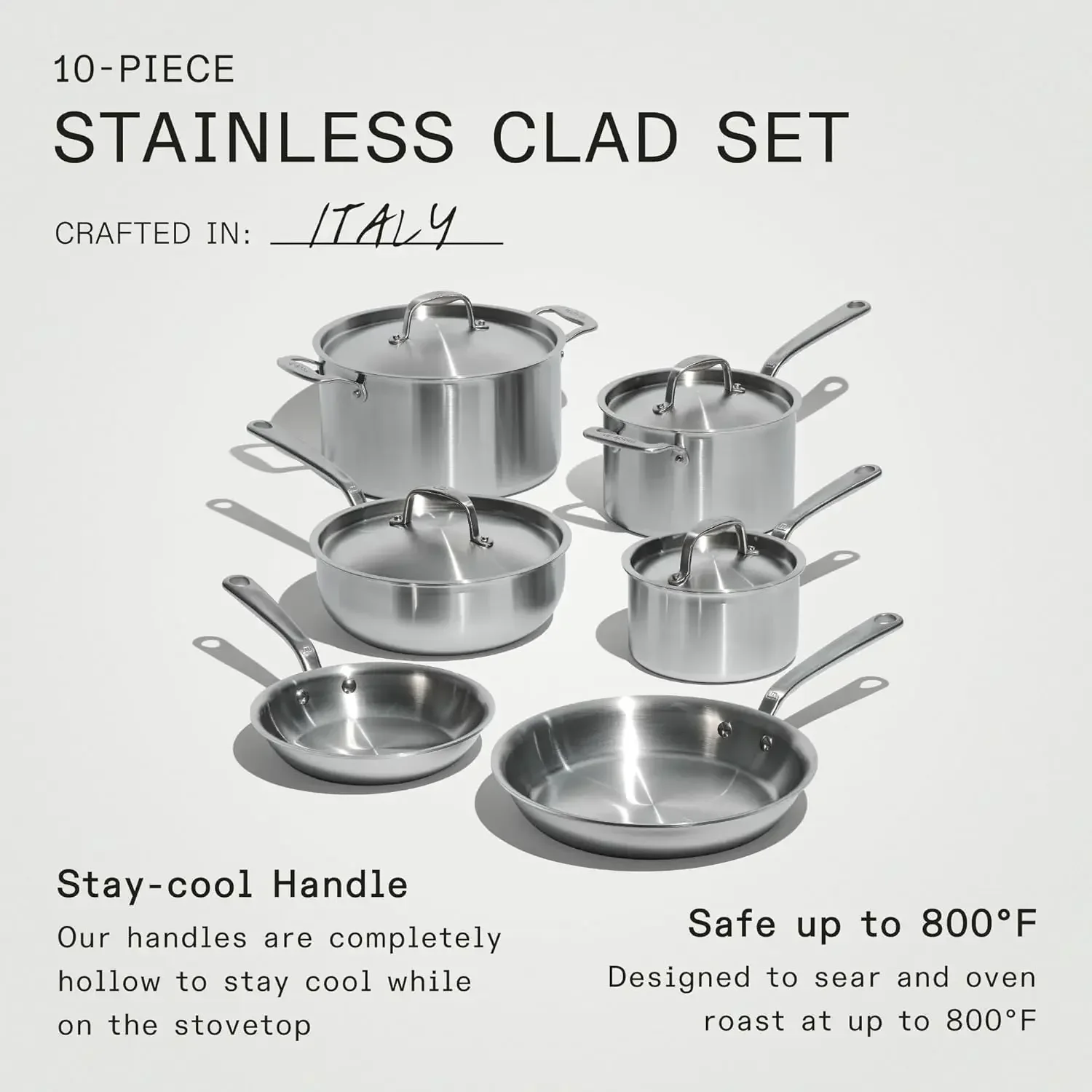 Cookware - 10 Piece Stainless Steel Pot and Pan Set - 5 Ply Clad - Includes Stainless Steel Frying Pans, Saucepans, Saucier