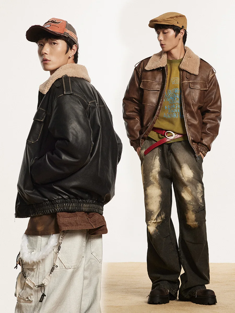 

Ретро-куртка из искусственной кожи в американском стиле с воротником из овечьего меха, зимняя теплая мотоциклетная куртка, мужская модная брендовая одежда в стиле High Street, хлопковая одежда