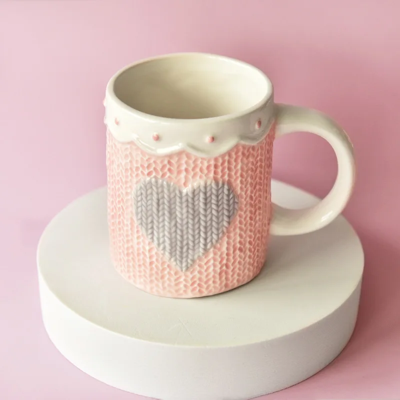 480ml Large Ceramic Coffee Mug Kawaii Bowknot Tea Cup Pink Wool Knitting Mug Dishwasher and Microwave Safe
