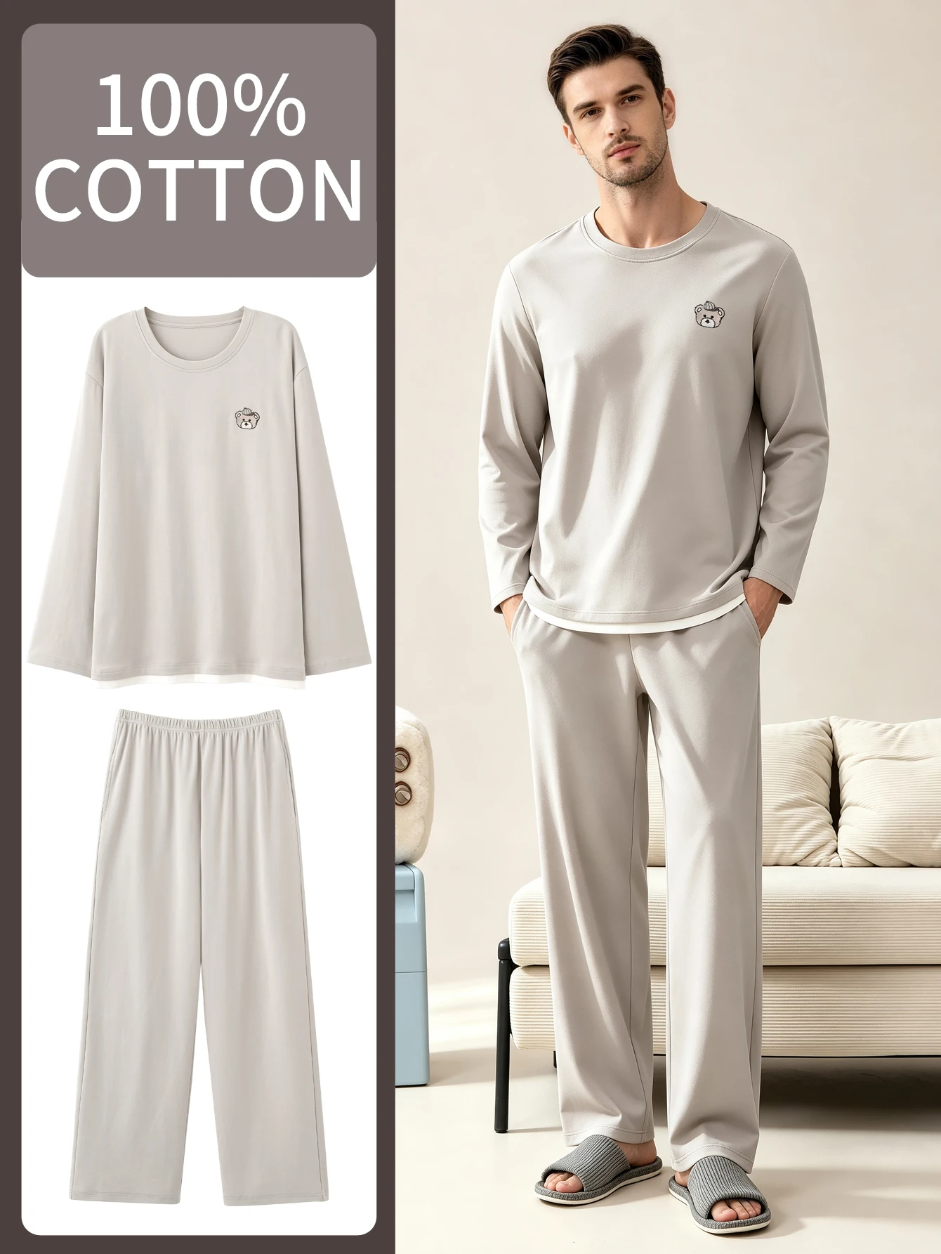 Men's 100% cotton long sleeved four season plus size men's sleepwear, teenage pure cotton home suit set for warmth