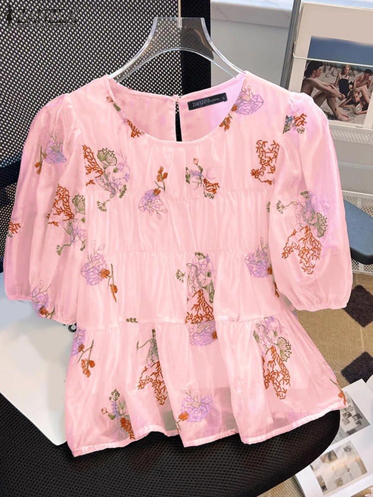 

ZANZEA Short Puff Sleeve Floral Print Tiered Blouses Casual 2025 Summer Vacation Day Wear Smock Tops O-Neck Womens Blusas Mujer