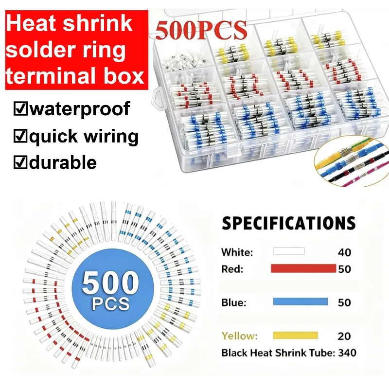 500pcs Solder Seal Heat Shrink Wire Connectors Waterproof Heat Shrink Solder Ring Terminals Insulated Splice Connectors Kit