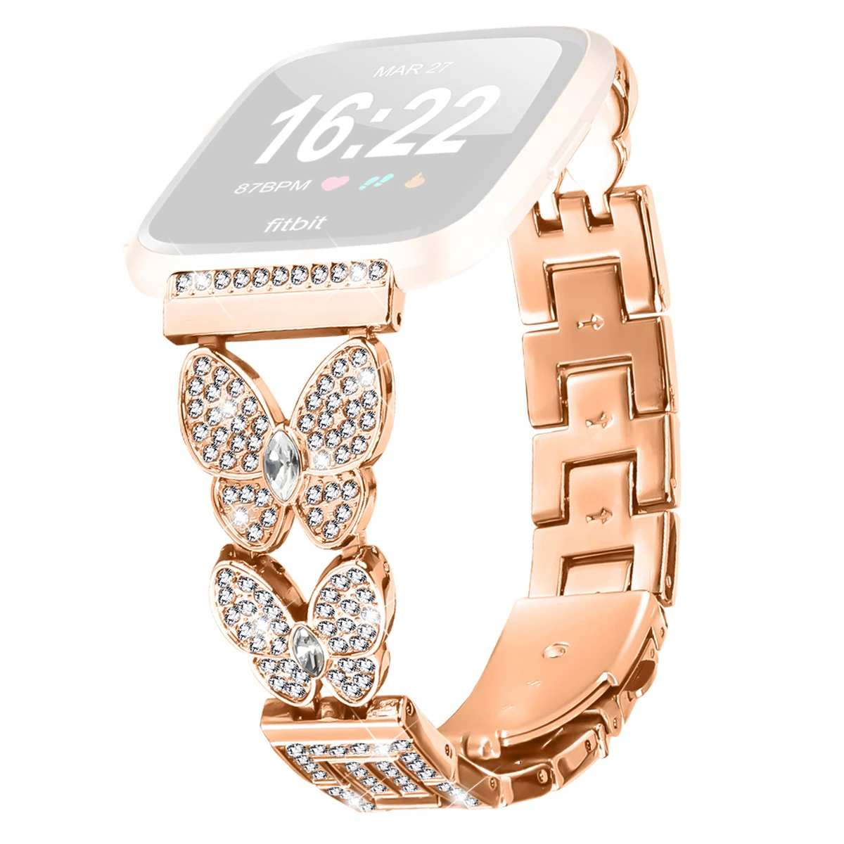 

Для Fitbit Versa/Versa 2 ремешок для часов с бабочкой и стразами, декор из сплава, металлический ремешок - розовое золото