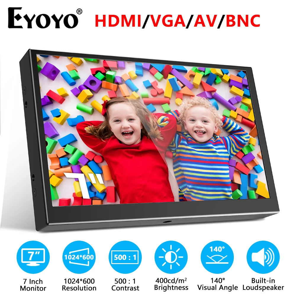 

Eyoyo 7 Inch Mini TFT Monitor 1024x600 Resolution LCD Screen Display With HD/VGA/USB/AV Video Input For Home Security Camera