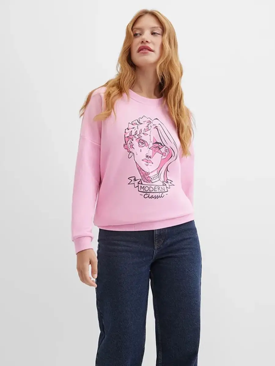 Urocze bluzy w stylu francuskim z różowym nadrukiem, eleganckie damskie bluzy streetwearowe z okrągłym dekoltem, oversize, modne jesienne bluzy z długim rękawem.