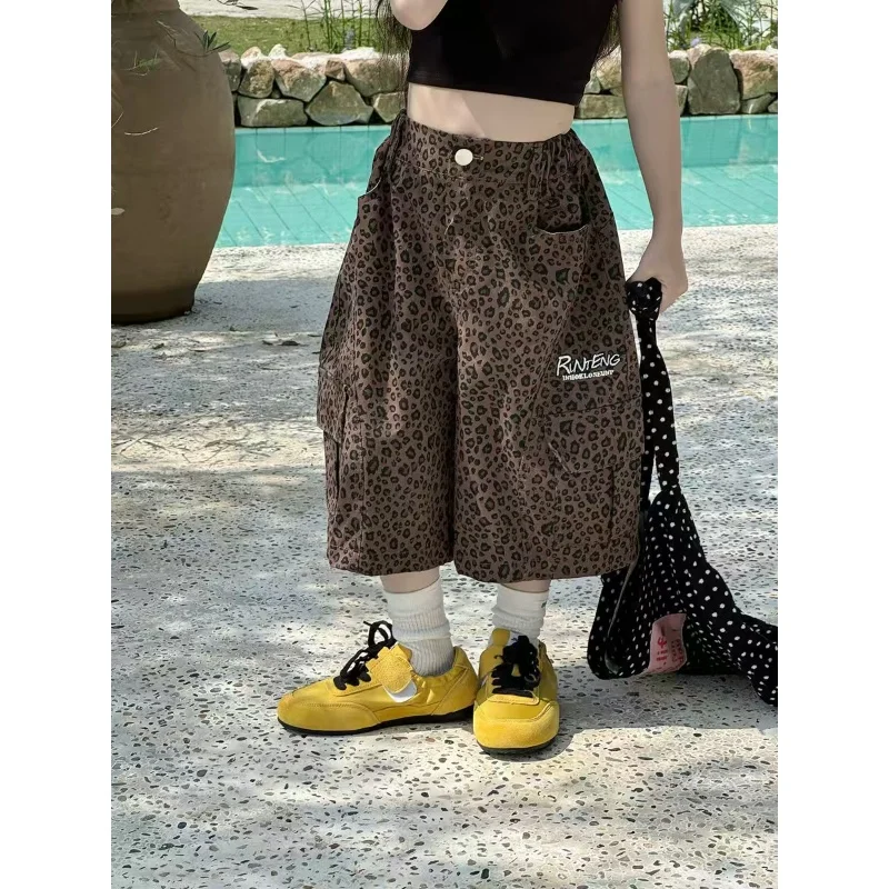 

Girl Pants 2025 Summer New Childrens Clothing Korean Style Girl Baby Retro Leopard Print Wide Leg Cargo Pants Casual
