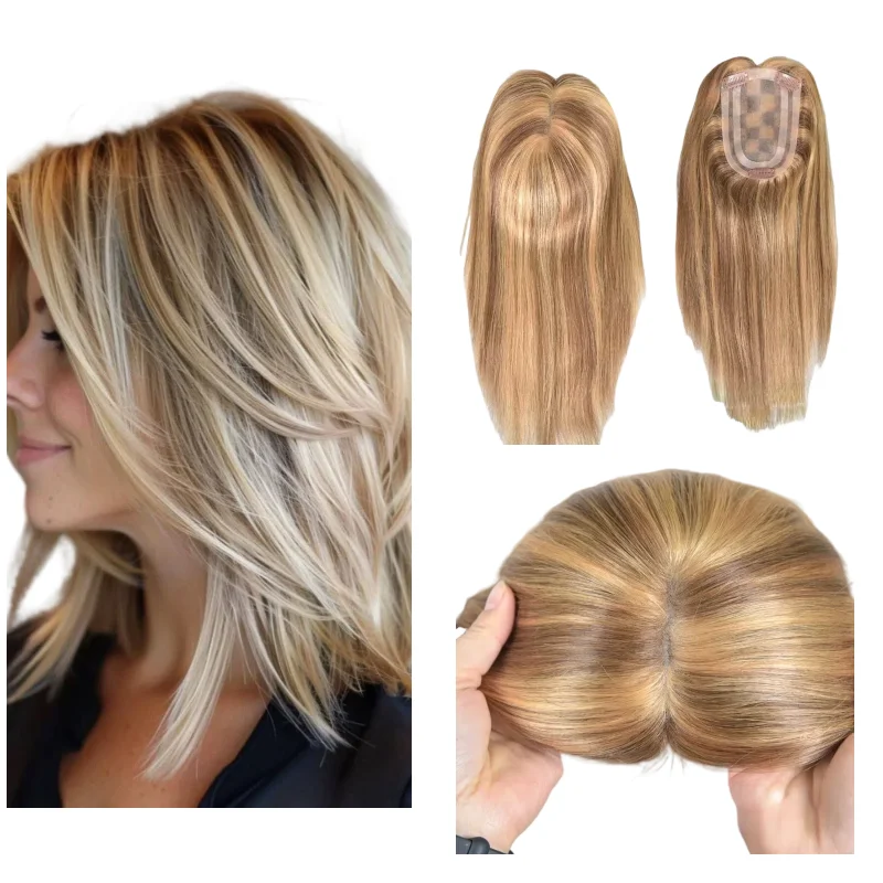 Hand Tied Human Hair Topper Women Mono Pu Base 4x6inch 14inch Middle Part For Top Thinning Solution