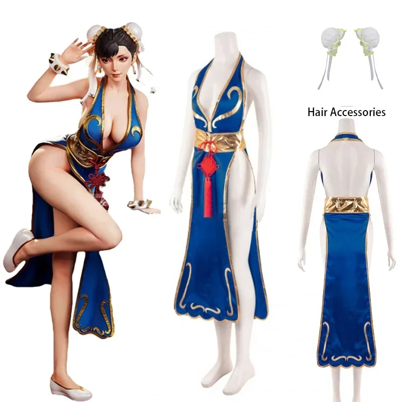 Chun Li Cosplay Kleid sexy Frauen Qipao Kostüm Spiel SF Rollenspiel hängenden Hals Kleid Chunli Outfit durchführen Halloween Party Anzug