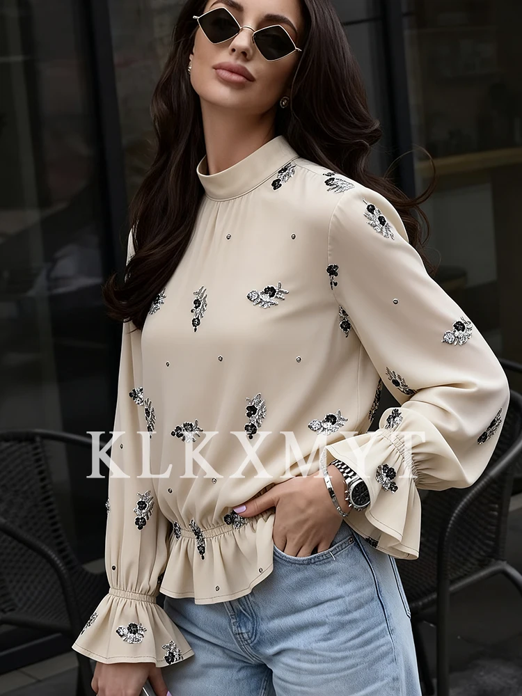 Camisa translúcida para mujer, moda de otoño 2025, camisa de manga larga con decoración de lentejuelas de Color sólido, camisa elegante de ocio para mujer