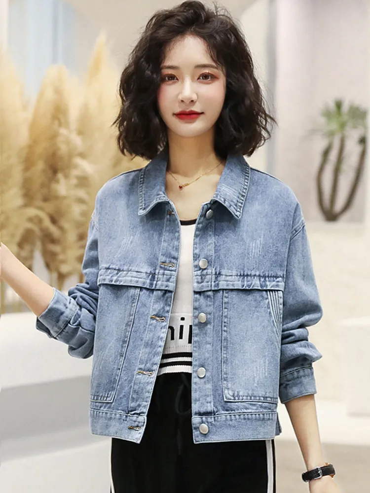 Fashionable Loose Women's Denim Jacket Spring Autumn 2026 European Style Retro Top Button Embroidered Pocket Diamond Embellished