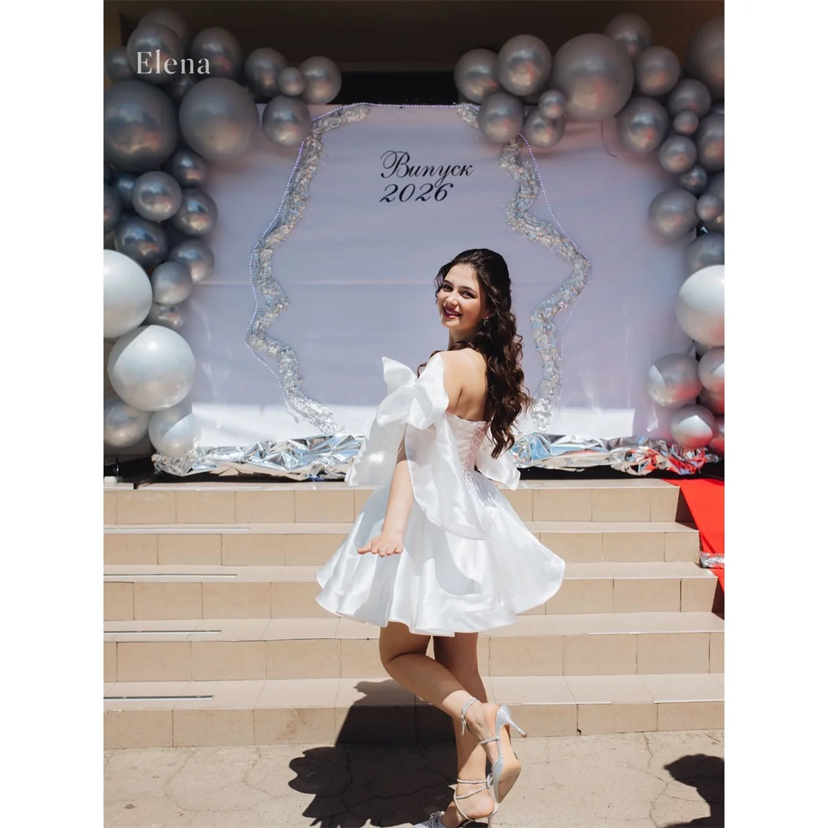 Elena Satin Off The Shoulder White A-Line Homecoming Dress Elegant Mini Featuring Dramatic Detachable Full Large Bow Customized