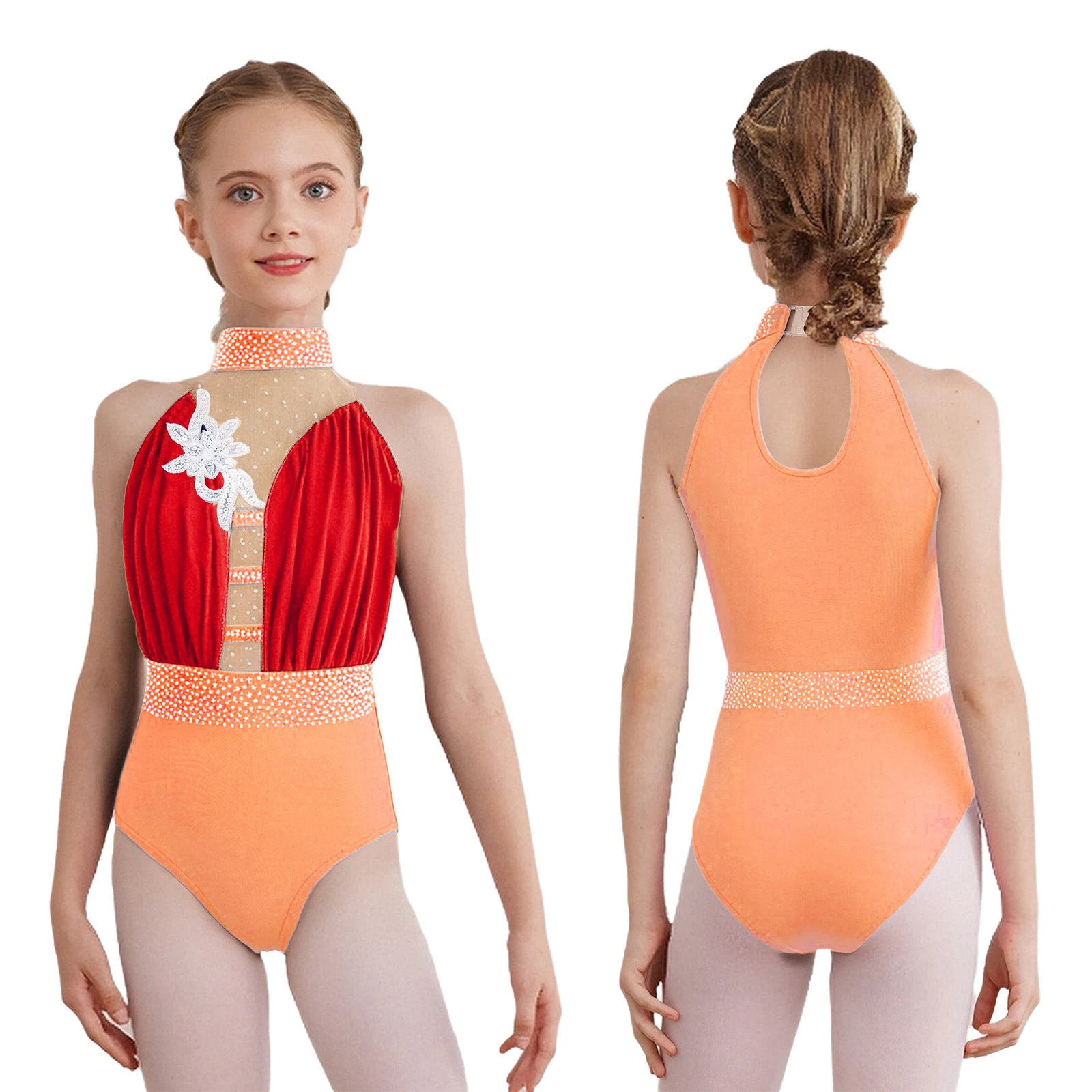 Justaucorps de danse de Ballet pour filles, sans manches, avec des appliques brillantes et des strass, pour la danse artistique, la gymnastique et l'acrobatie