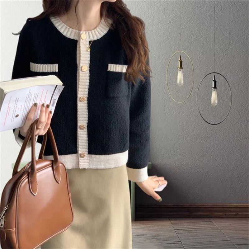 Rimocy Fashion Patchwork Knitted Cardigan Women Autumn Winter Single Breasted Sweater Woman Korean Long Sleeve Cardigan Jacket