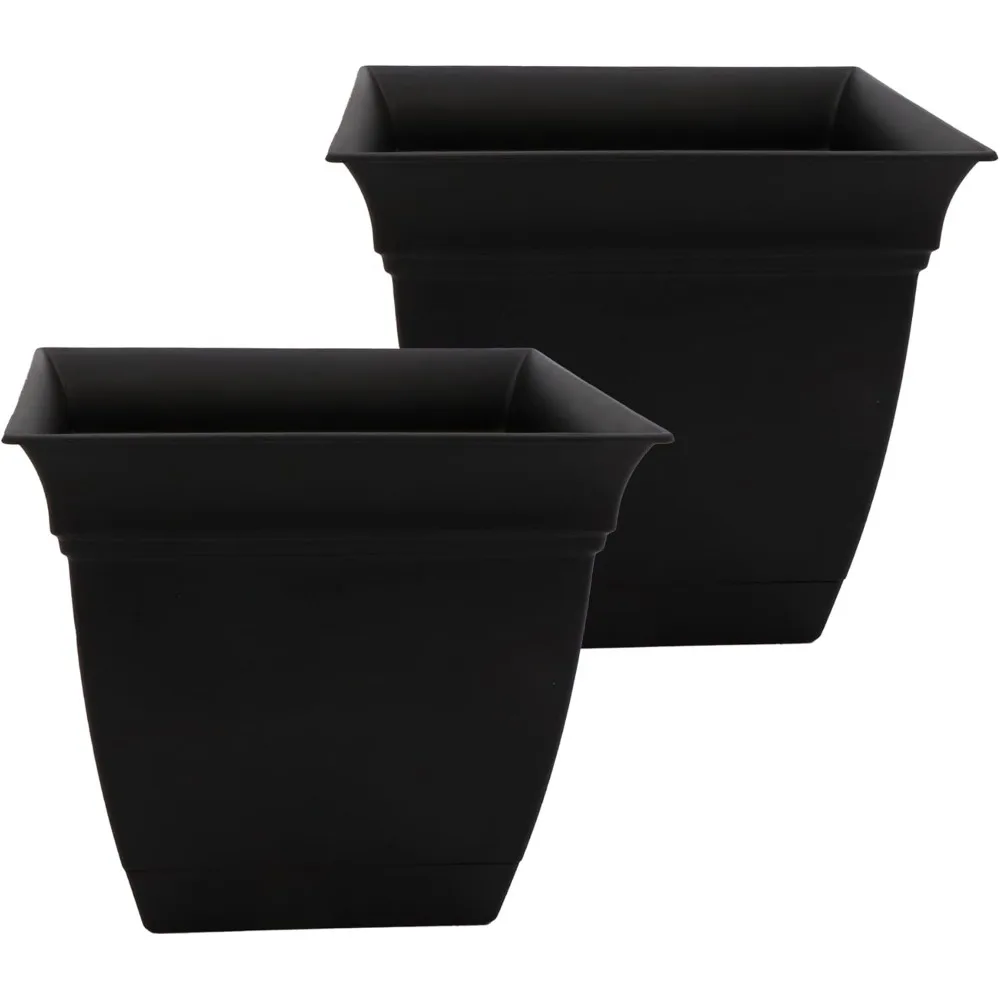 Plantadores quadrados de 12 polegadas com drenagem e pires, vasos externos de plástico leves e resistentes a UV, pacote com 2 para decoração de jardim, preto
