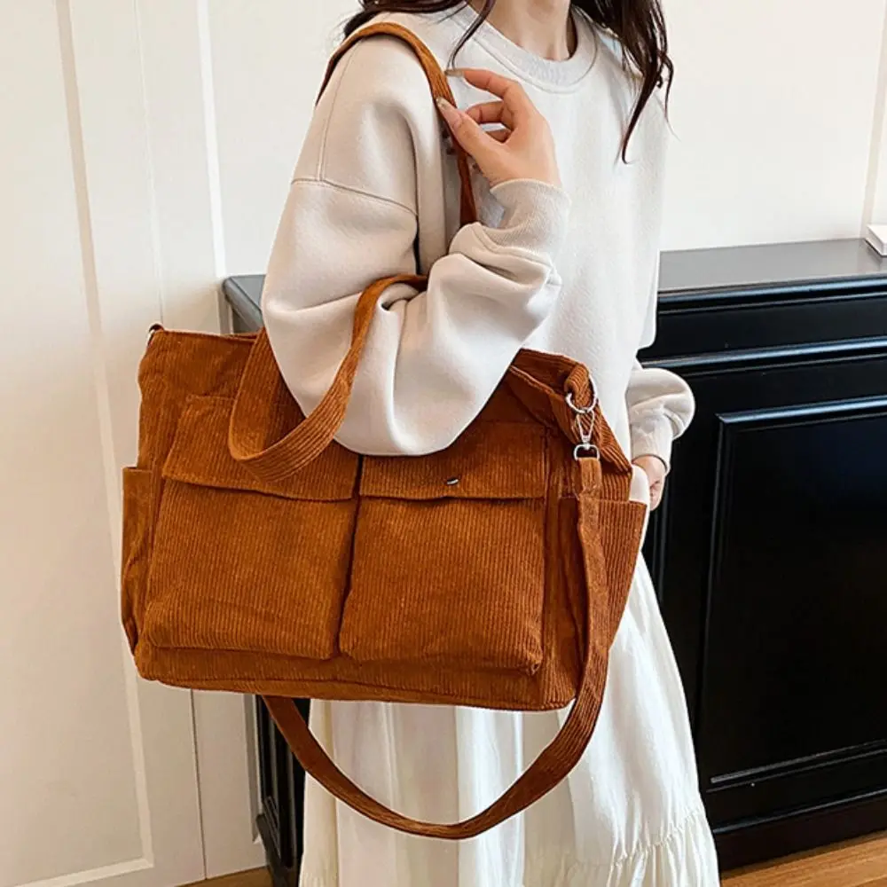 

Вельветовая большая сумка большой вместимости, элегантная винтажная сумка на плечо с несколькими карманами, однотонная повседневная сумка для подмышек, сумка для покупок