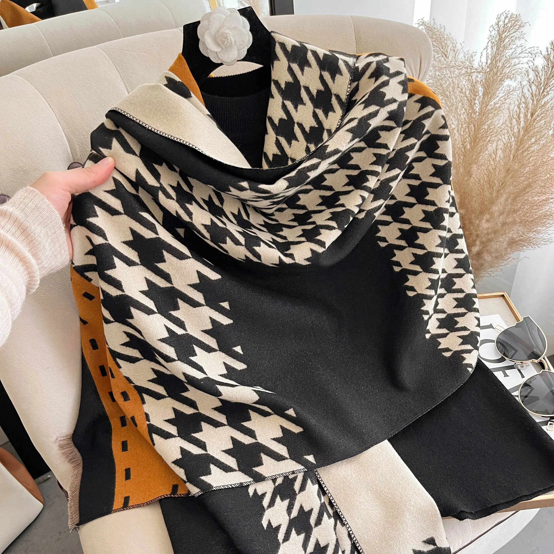 New Double Side Cashmere Scarf Autumn Winter Women\'s Houndstooth Fashion Ladies Long Thickened Warm Knitted Scarf Hijab Stole