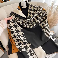 New Double Side Cashmere Scarf Autumn Winter Women's Houndstooth Fashion Ladies Long Thickened Warm Knitted Scarf Hijab Stole