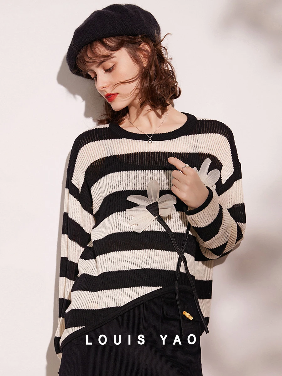 

LOUIS YAO Women Knitwear 2024 Spring Striped Loose Fit Round Neck Long Sleeve 3D Flower Fashionable Irregular Hem T-shirt Tops