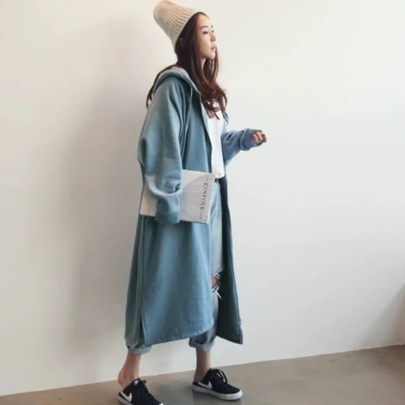 SuperAen Loose Oversize Hooded Zipped Cardigan Long Solid Color Coat 2026 Autumn and Winter New Simple Coats