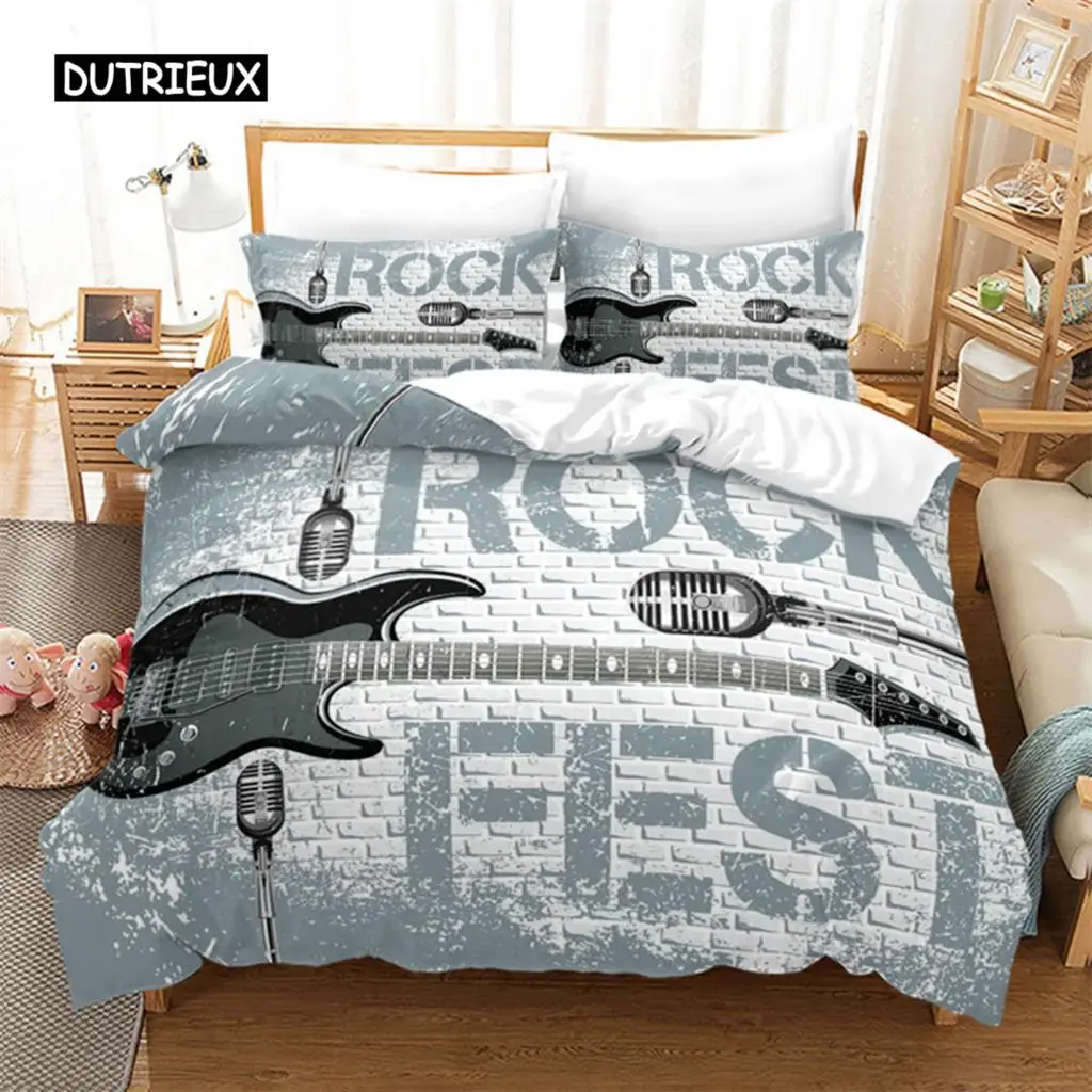 

Guitar Queen Duvet Cover Rock Music Theme Bedding Set Grunge Color Splashed Brick Wall Background Electronic Guitar Mics Design