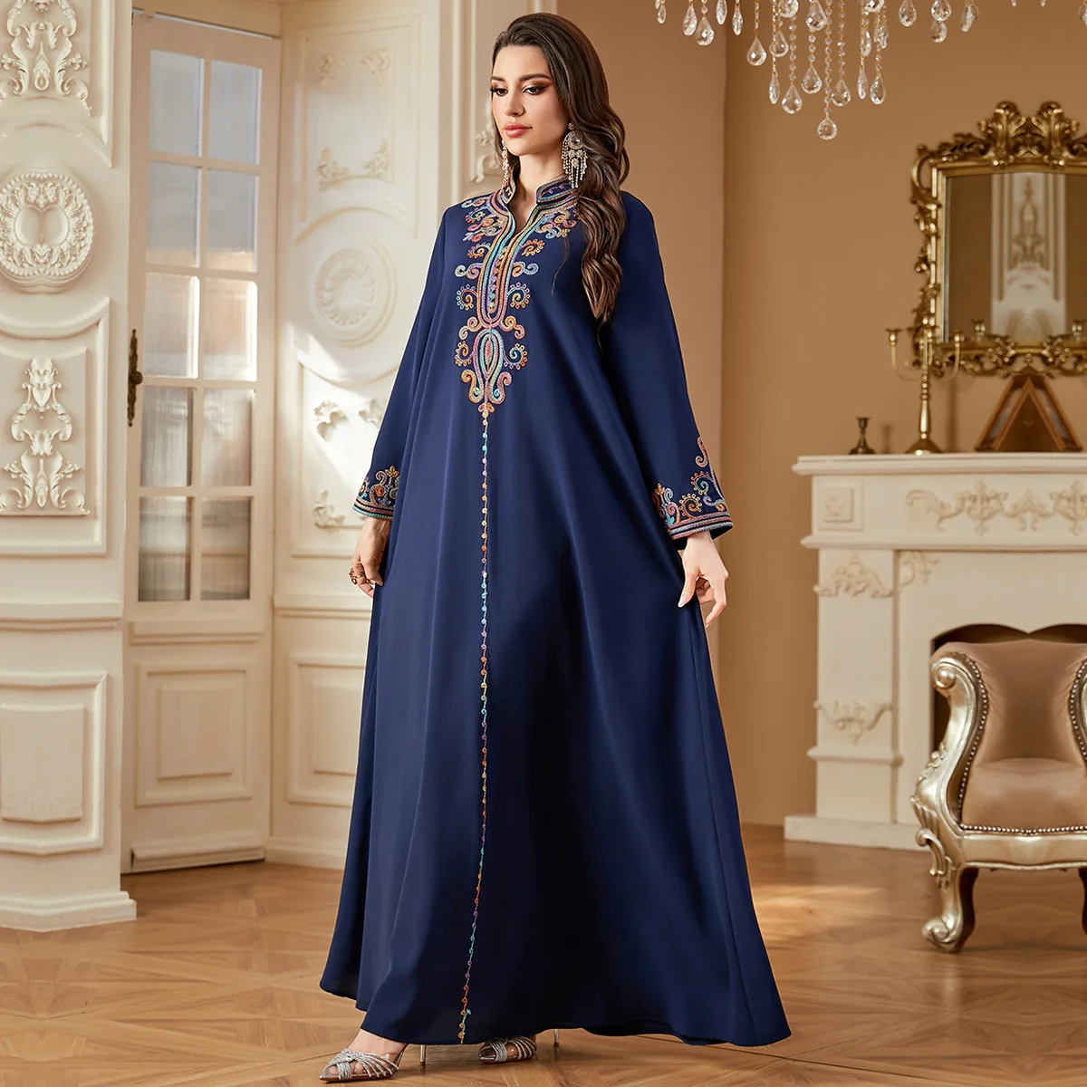 

Muslim Women Embroidery Maxi Dress Eid Djellaba Dubai Abaya Turkey Kaftan Kebaya Caftan Marocain Femme Robe Islam Jalabiya Gown