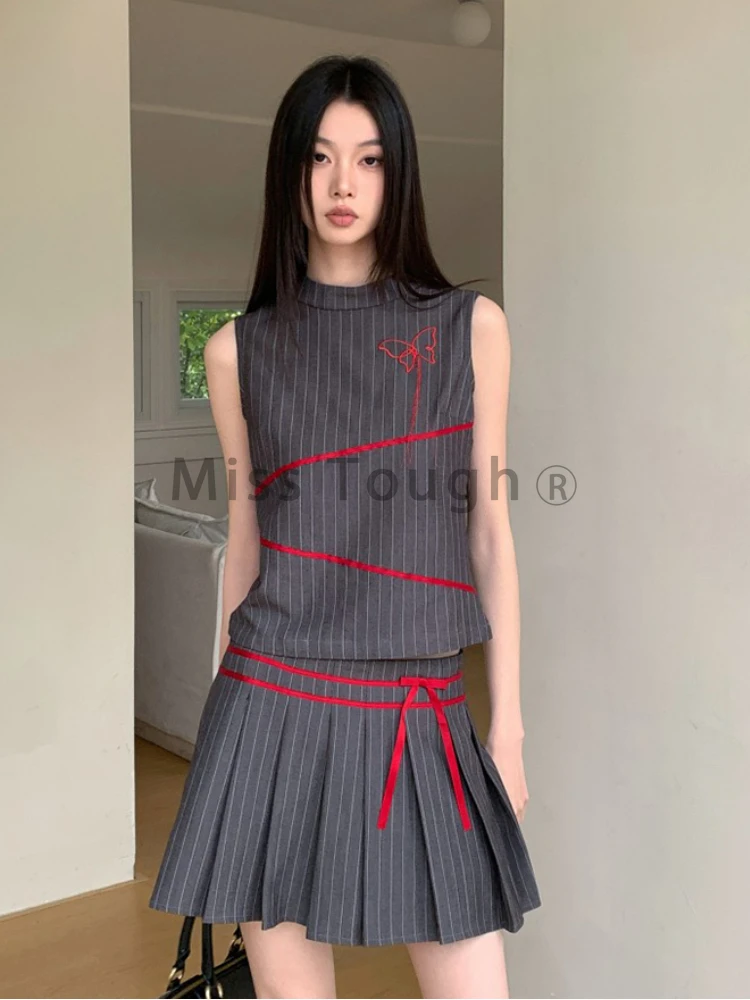 Summer Vintage 2000s Aesthetic Outfits Women Patchwork Elegant 2 Piece Set Striped Tank Tops + Mini Pleated Skirt Korean Fashion