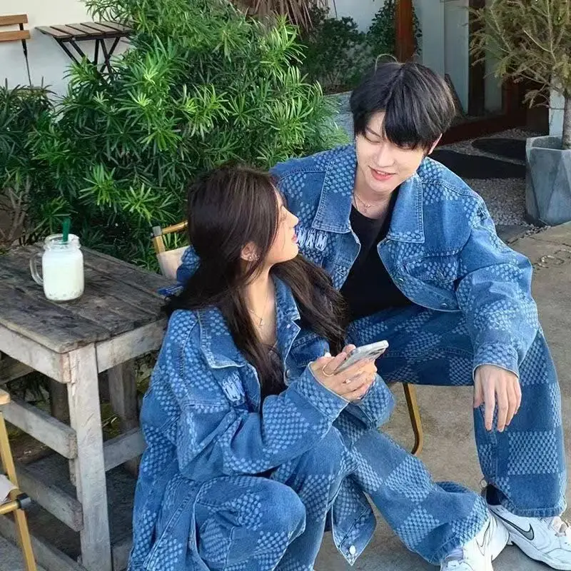 

Spring Autumn New American Denim Coats Set Classic retro Jeans Denim suit Two-Piece Sets Versatile Outerwear Casual Jacket