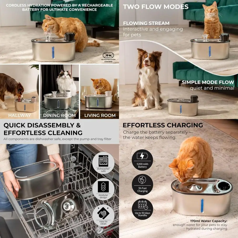 

Wireless Cat Water Fountain Stainless Steel 108oz/3.2L, Cordless, Battery Operated Cat Fountain (Last up to 50 Days), Ultra Quie