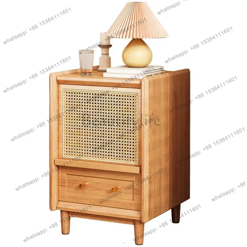LDModern Bedside Table with Rattan Drawer, End Table with Storage Shelf & Solid Wood Feet, End Table Night Stand Furniture