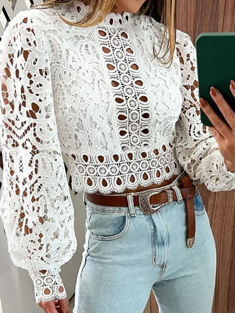 

Spring Summer Women See Through Hollow Out Loungewear Cardigan Shirts Long Lantern Sleeve O-Neck Ladies Top Blouses Streetwear