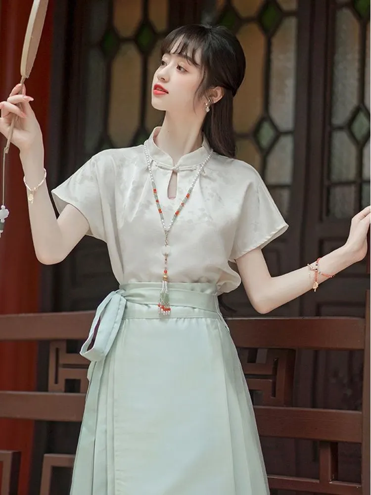 

New Chinese Sle Stand Collar ort Sve Women's irt Gauzy Skirt Top Summer Ancient Sle Women's Faion Polyester Fabric