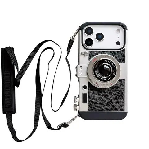 Étui en cuir avec lanière à bandoulière, Design d'appareil photo Vintage 3D Emily in Paris, pour iPhone 17 Pro 11 12 13 14 15 16 Pro Max Plus 17 Air