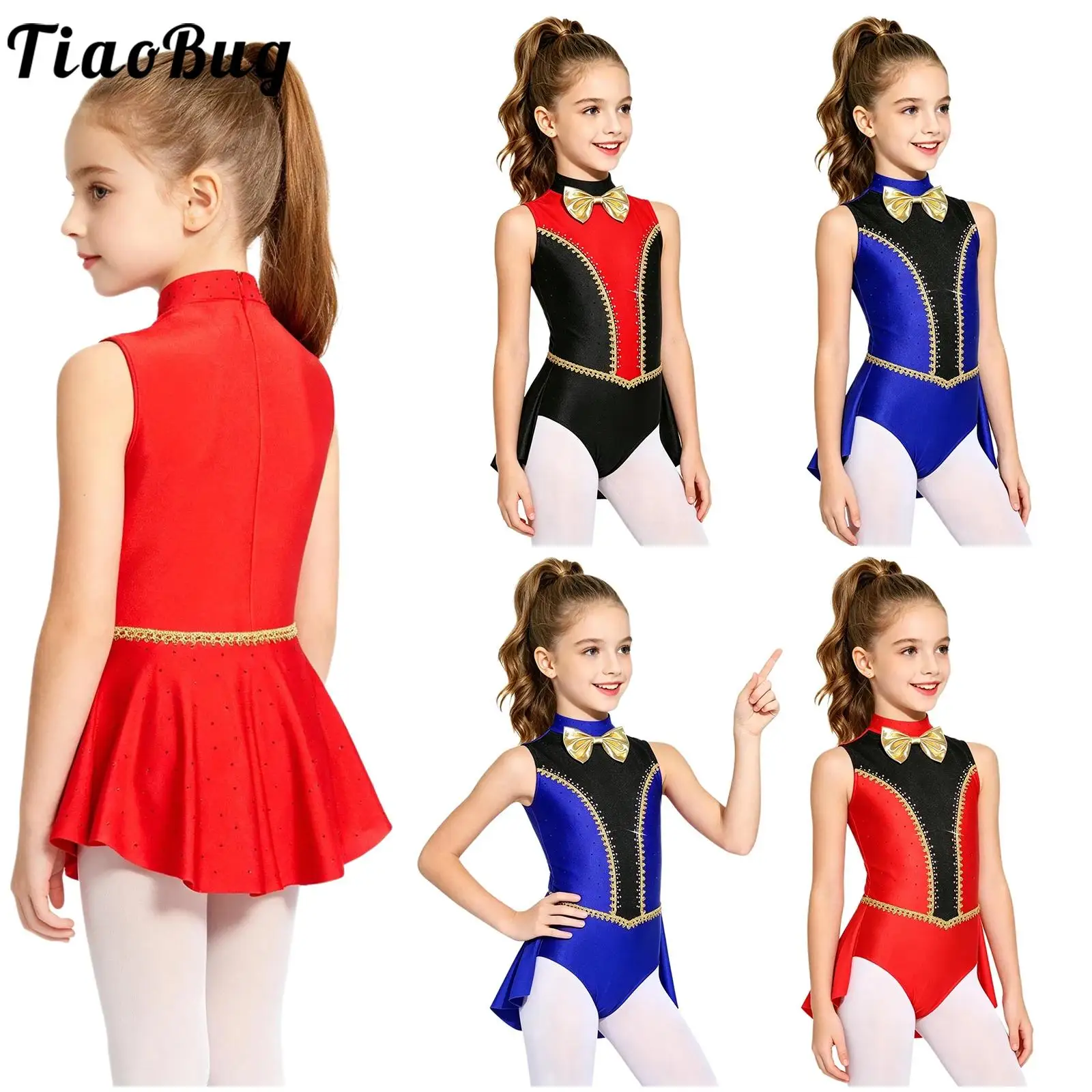 Maillot de Danza de Circo para Niñas, Estilo Maestra de Ceremonias, para Halloween, Patinaje Artístico, con Lazo, Sin Mangas, Ribete Dorado y Panel Trasero