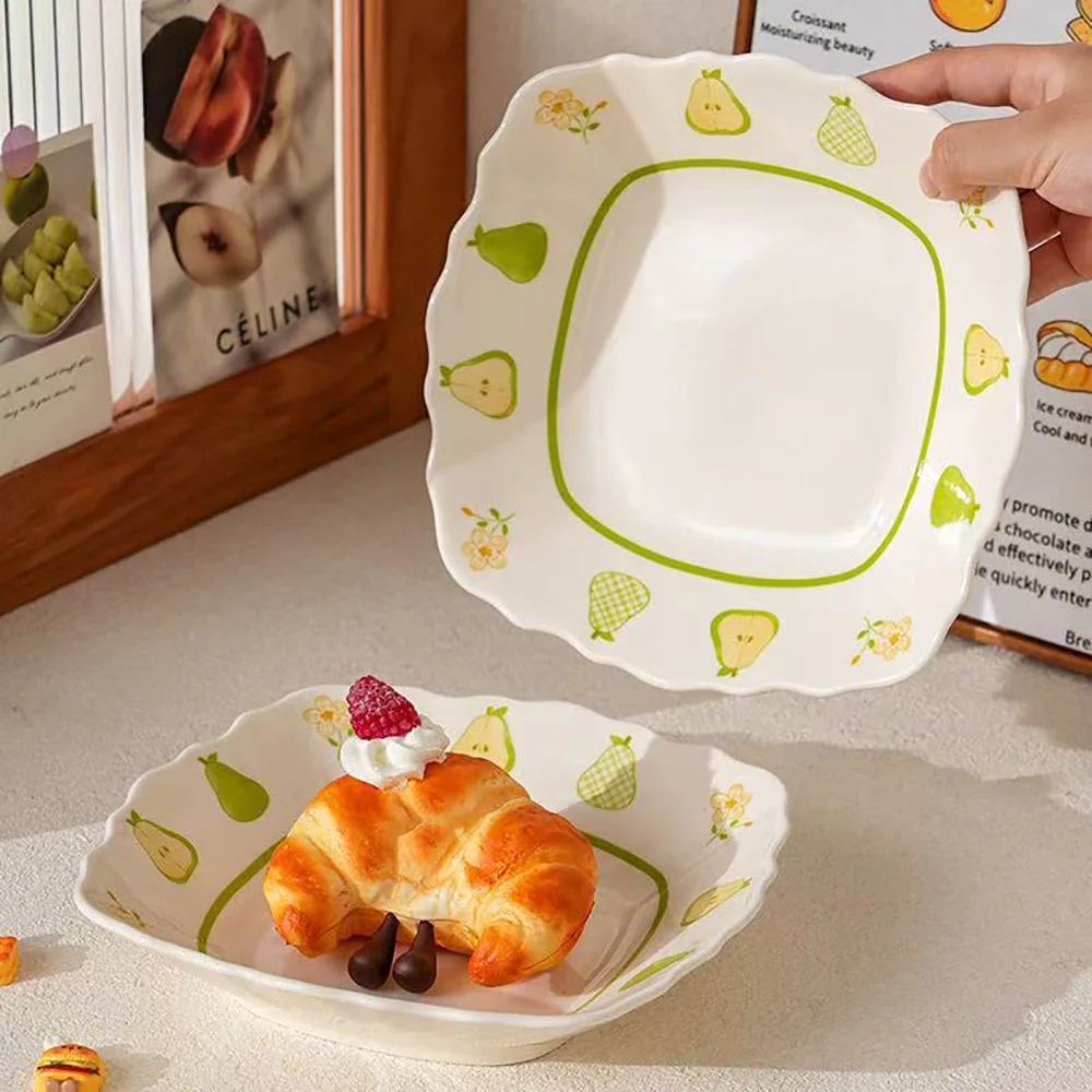 Square Floral Edge Under Glazed Ceramic Plate Creative Afternoon Tea Snacks Fruit Dessert Plates Homehold Kitchen Supplies