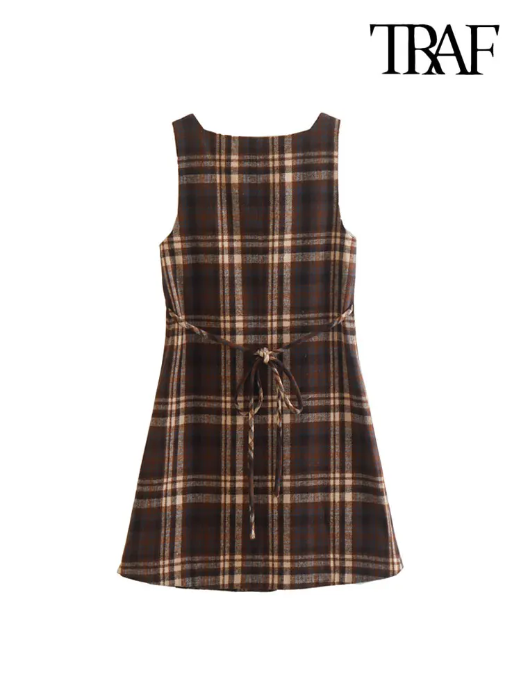 TRAF-Women's Plaid Mini Dress with Tied, Front Buttoned, Square Collar, Sleeveless Female Dresses, Chic Fashion