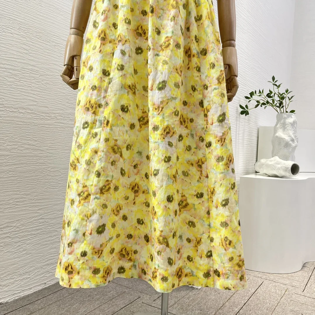 2025年ニューファッション女性服イエロー花柄プリントカットアウトウエストバックレスハーフスリーブスクエアカラーミディドレス