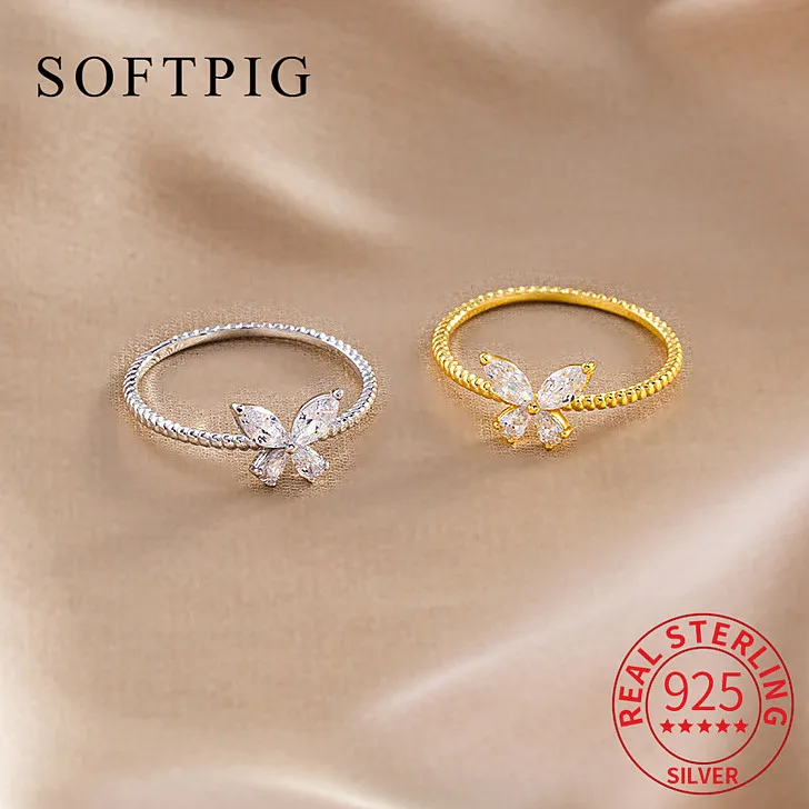 SOFTPIG Real 925 Sterling Silver Zircon Butterfly Insect Ring for Charm Women Classic Fine Jewelry Light luxury Accessories