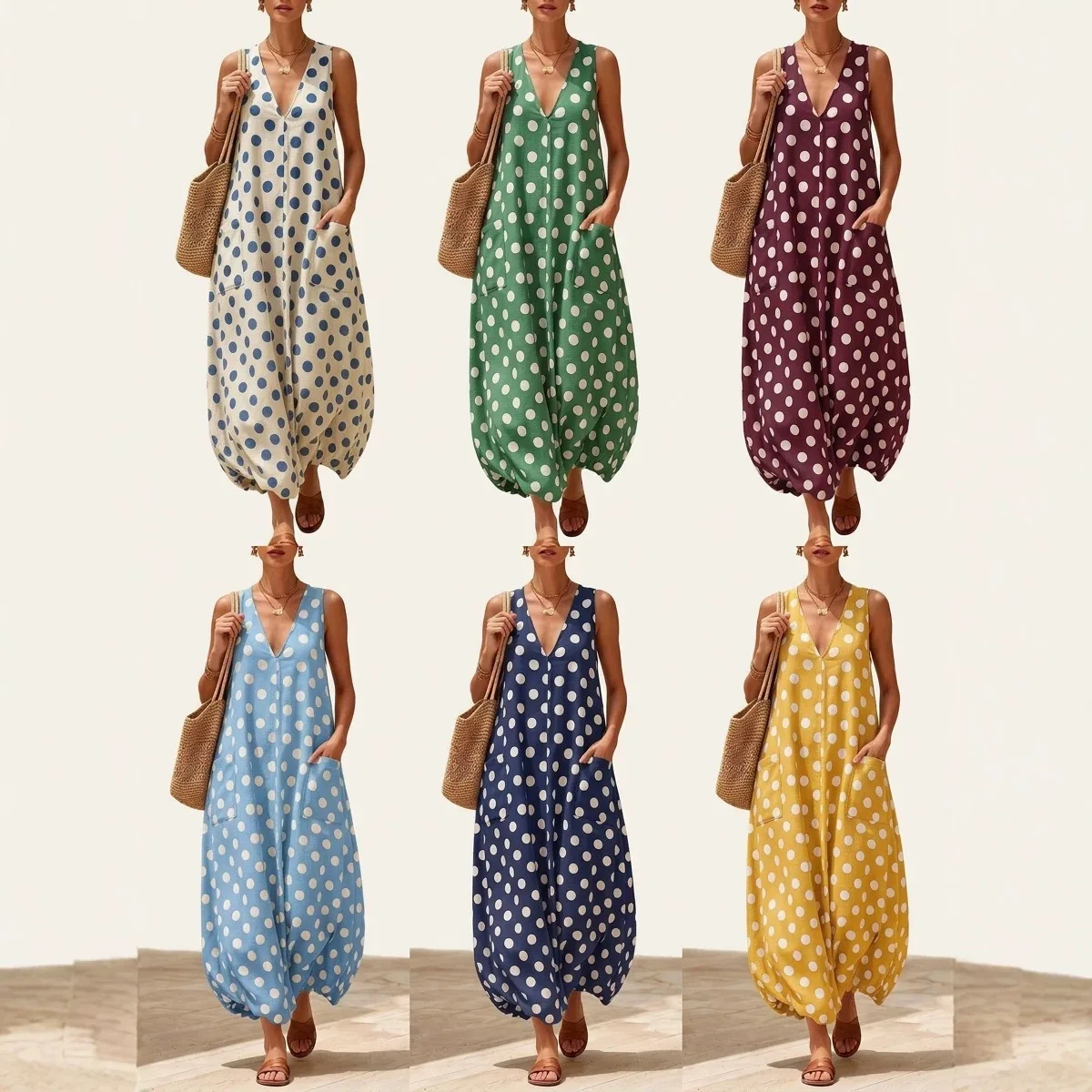 

Women Long Dress Dresses Print Dot Vestidos Y2k Streetwear V Neck Sleeveless Elegant Splice Party Night Work Casual Loose 2026