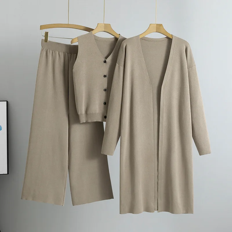 Greenora Matching Set Scandinavian Style Coquette Women Knit Cardigan Vest Pants Three Piece Set Taupe Modest Fashion