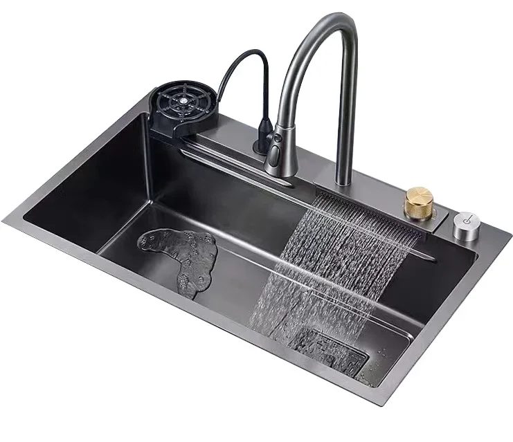 Wholesale Contemporary New Nano Black Kitchen Sink Pullout Faucet Waterfall Overmount RV Stainless Steel with Grey Modern Apartm