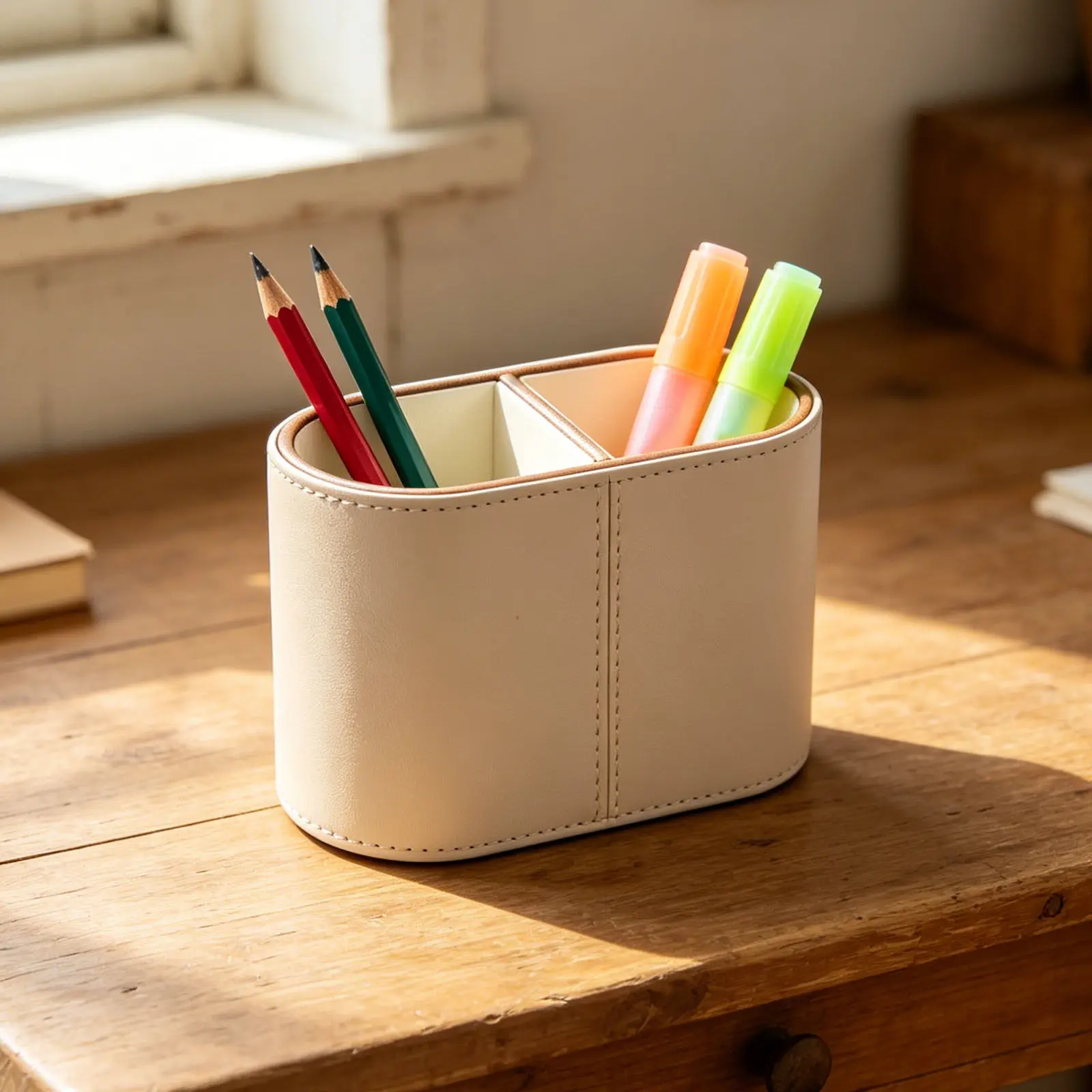 PU Desk Pen Cup Desktop Caddy Multi Compartment Organizer Office Makeup Brush Holder Remote Control Storage