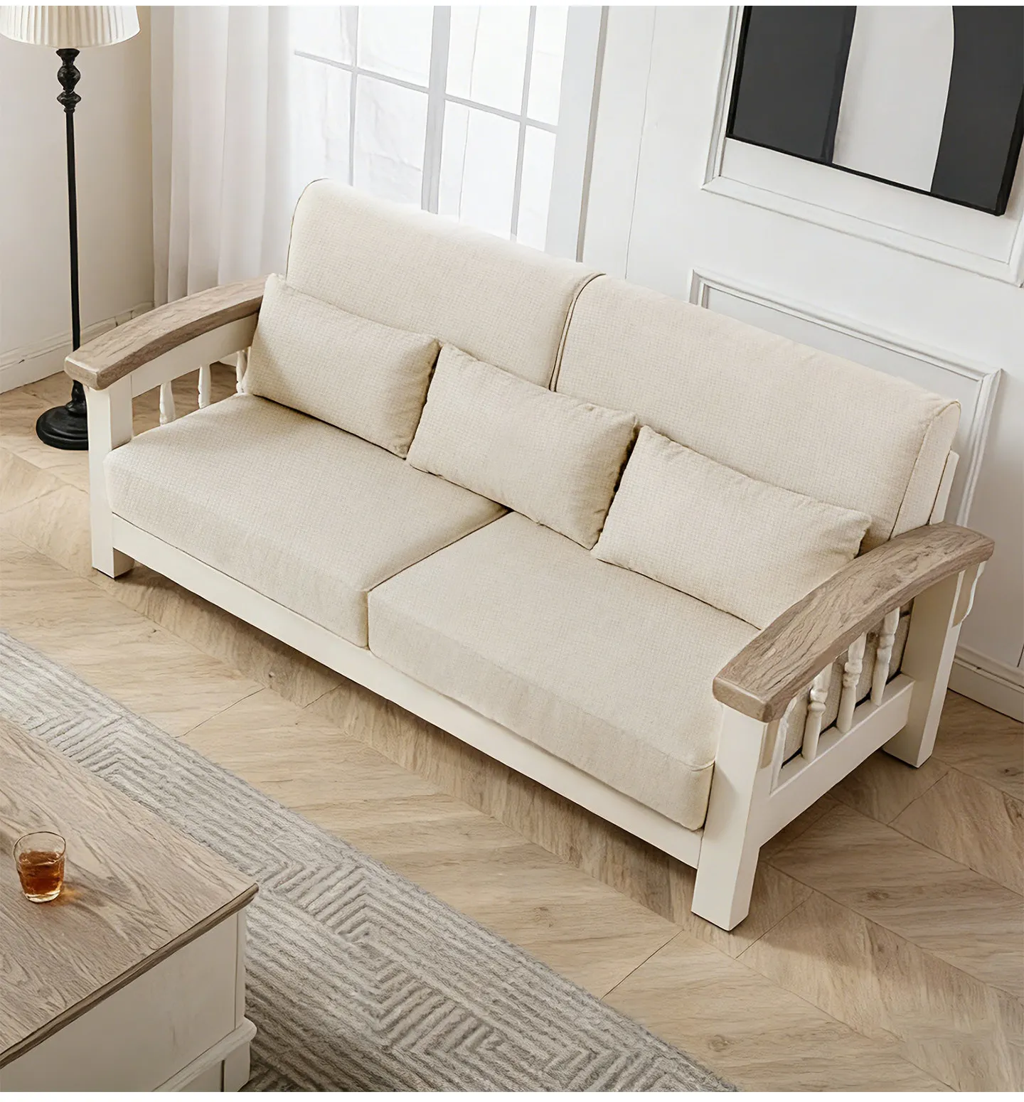 DSA solid wood sofa with trailer, all solid wood light luxury small apartment living room fabric sofa can be fully dismantled