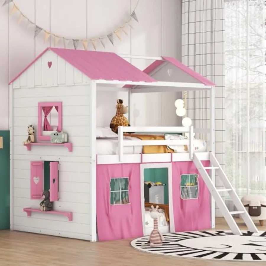 

Full Over Full Bunk Wood House Bed with Elegant Windows Sills and Tent in Pink+White Durable Wooden Frame with Stylish Design f
